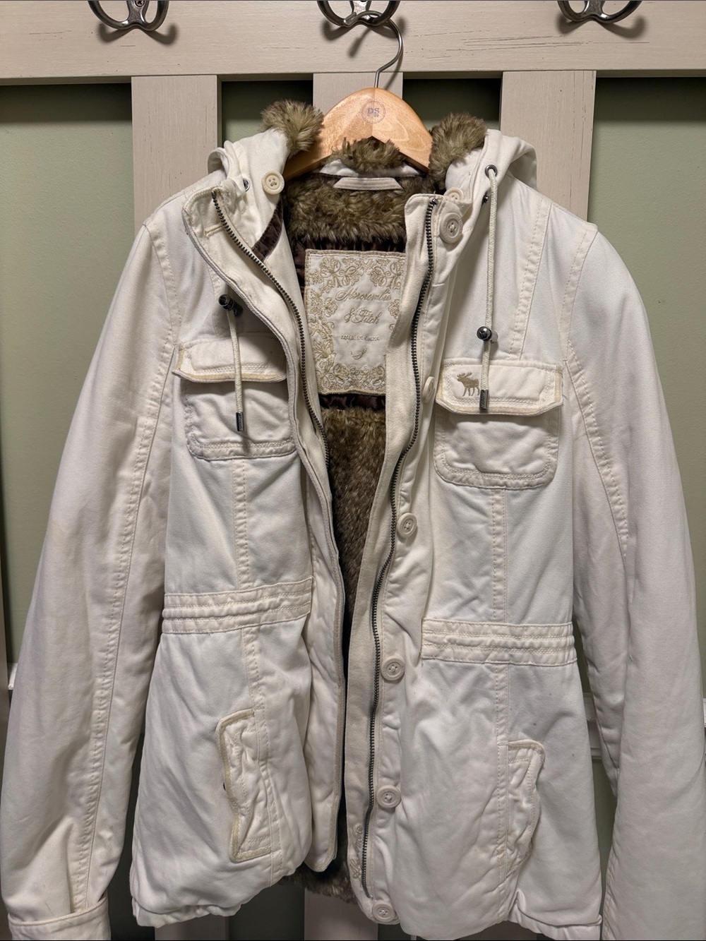 Abercrombie & Fitch Cream Hooded Parka with Faux Fur Lining